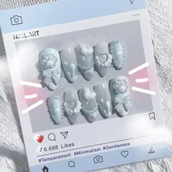 10pcs Handmade Light Blue Fake Nails 3D White Love Bow Design False Nails Wearable Full Finished Korean Sweet Girl Press on Nail