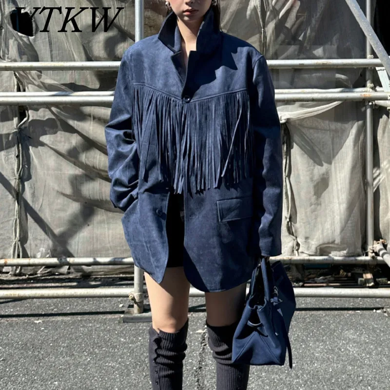 

VTKW Women's Spring 2025 Navy Blue Blazer Oversized Loose Long Sleeve Jacket Casual Chic Streetwear Korean Fashion Outerwear