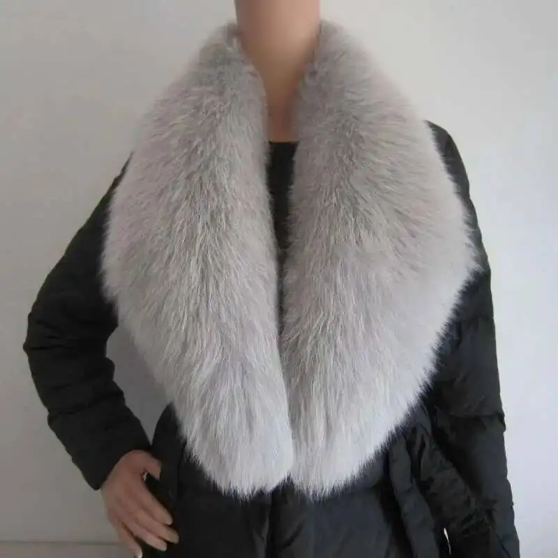 Cuello de piel de zorro auténtica para mujer, calentador de cuello de invierno, chal de piel para capucha de chaqueta, bufanda gruesa y cálida de gran tamaño para mujer, cuello de piel negro