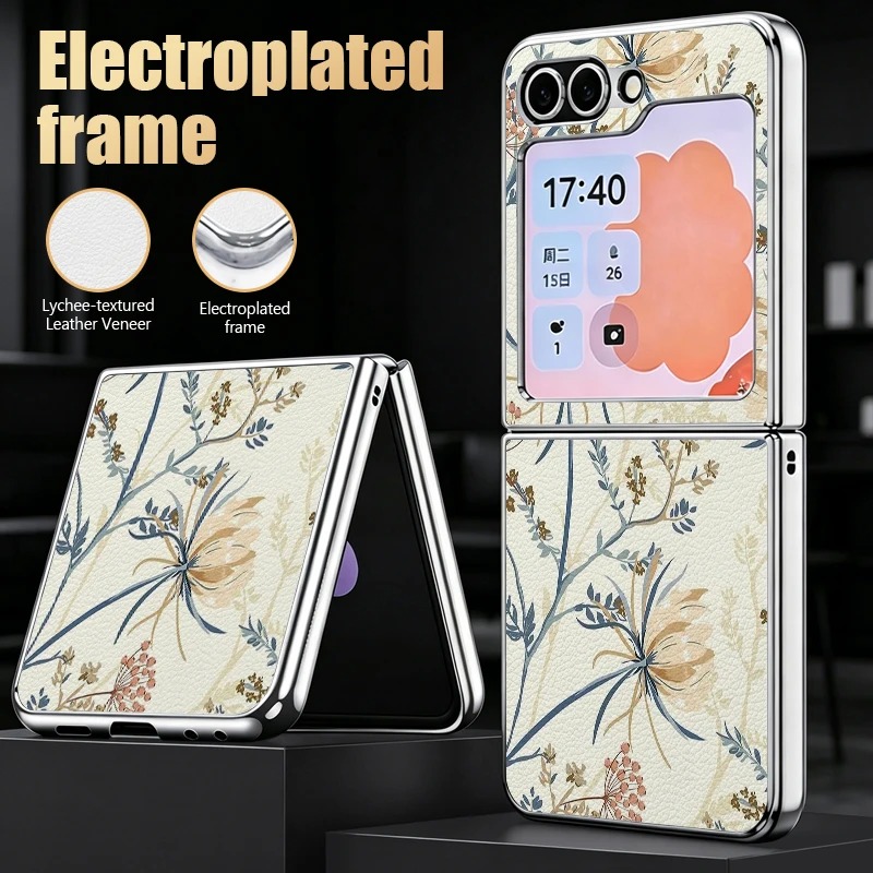 Flower Painting Phone Case For Samsung Galaxy Z Flip 8 7 FE 6 5 Flip8 Flip7 Flip6 Silver Plating Frame PU Leather Hard PC Cover