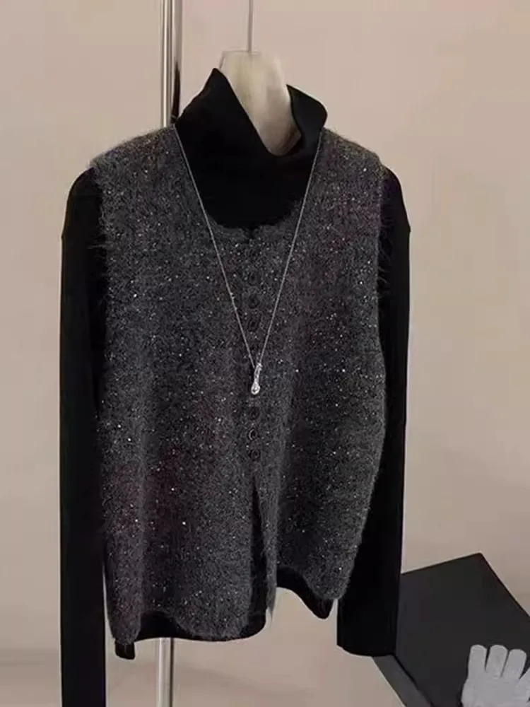 

Korean Sle Heavy Embellied Sequin Svel Knitted Cardigan Women's Faionable Layering Single Button Spring Autumn