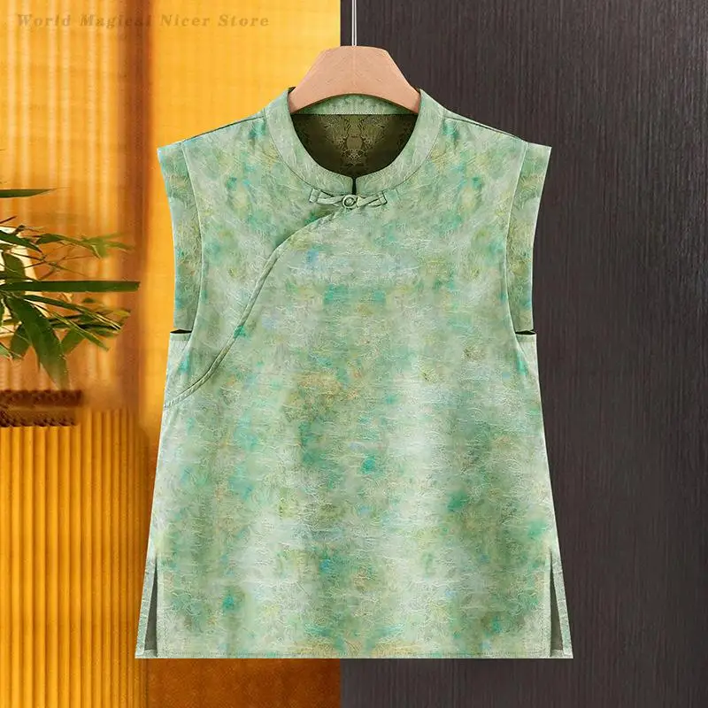 

Зеленый жилет в китайской традиции, топы, рубашка Cheongsam с принтом, блузка без рукавов, винтажный женский улучшенный топ Qipao со стандартным воротником