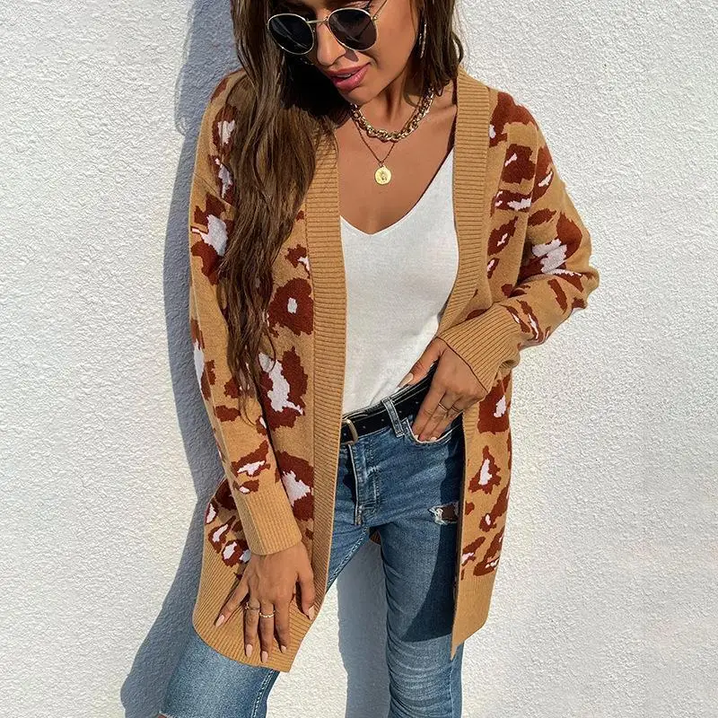 

Long Women's Knitted Sweater Leopard Print Open Cardigan Autumn Winter New Arrival Faion Commute Sle Thiened Long Sve