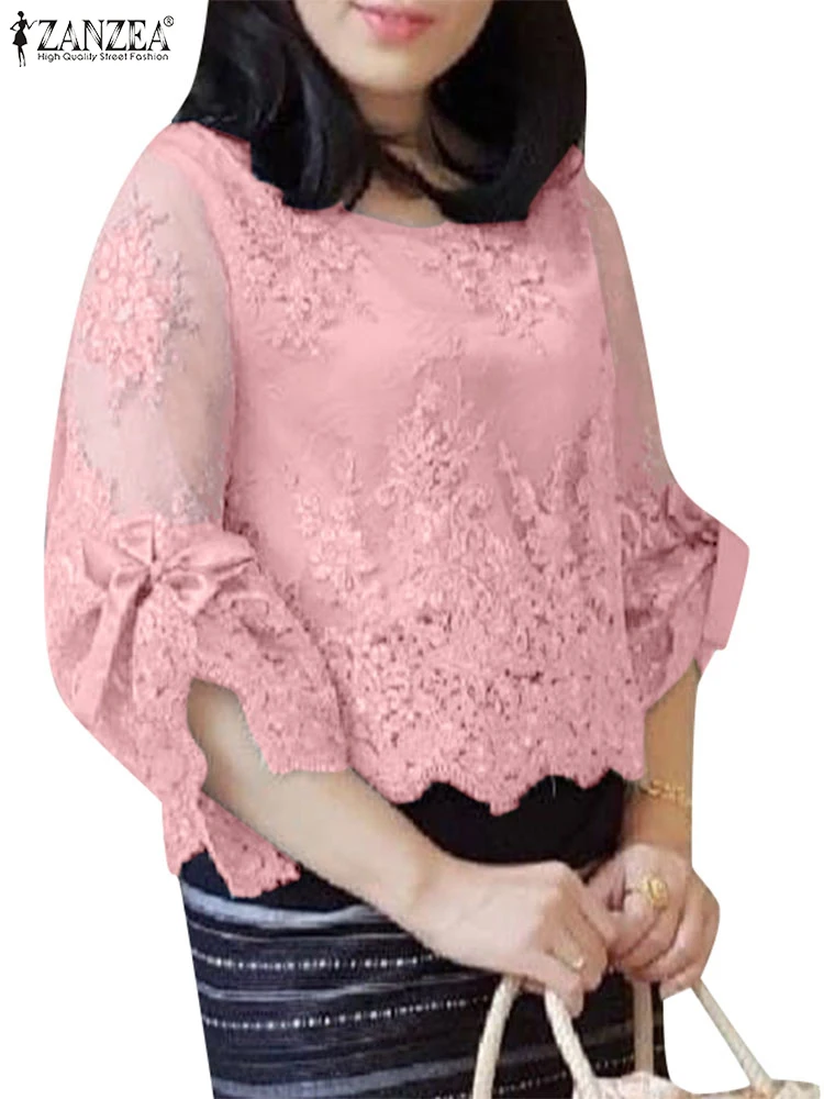 

ZANZEA Casual Tops Tee Summer Spring 3/4 Sleeve Lace Patchwork Transparent Women Blouse Streetwear Solid Lace-up Blusas Tunic