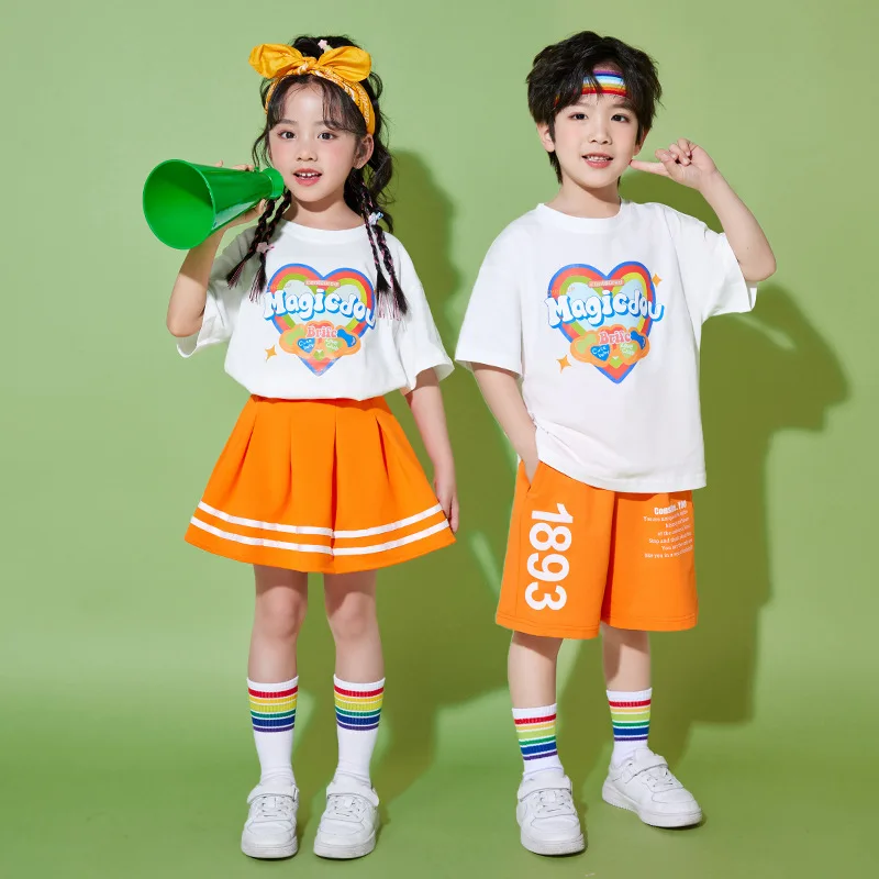 Kids Hip Hop Orange White Shirt Shorts Skirt Jazz Dancing Costumes 4 Girls Boys Ballroom Dance Wear Stage Outfit Child Dancewear