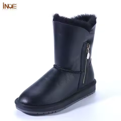 INOE 2025 Style Women Fashion Winter Snow Boots Real Sheepskin Leather Natural Sheep Fur Lined Warm Shoes With Zipper Waterproof
