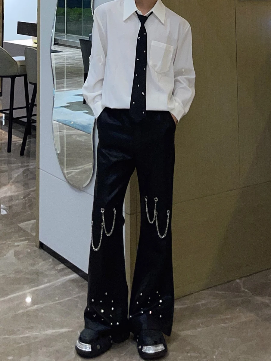 Korean Heavy Industry Rivet Chain Design Sense Black Trousers Men's Fashion Trend Loose  Rivet Chain High Street Casual Trousers
