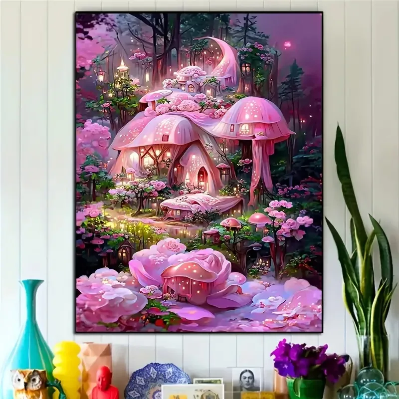 

5D Diamond Painting Pink Mushroom Cottage Art Kits for Adults Full Round Drill Diamond Arts for Beginner Home Wall Decor Gift