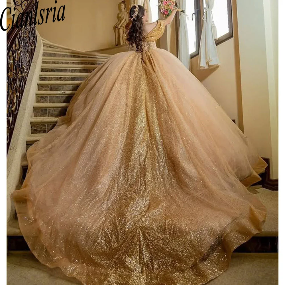 Gold Quinceanera Dress customsized Off Shoulder Gillter vestidos para damas de honor de quinceañera sweet 15
