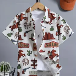 Hawaiian Holiday Print Kids Creative Shirt Casual Short Sleeve Lapel Breathable Shirt Tops Boys Clothes for Summer Outdoor Shirt