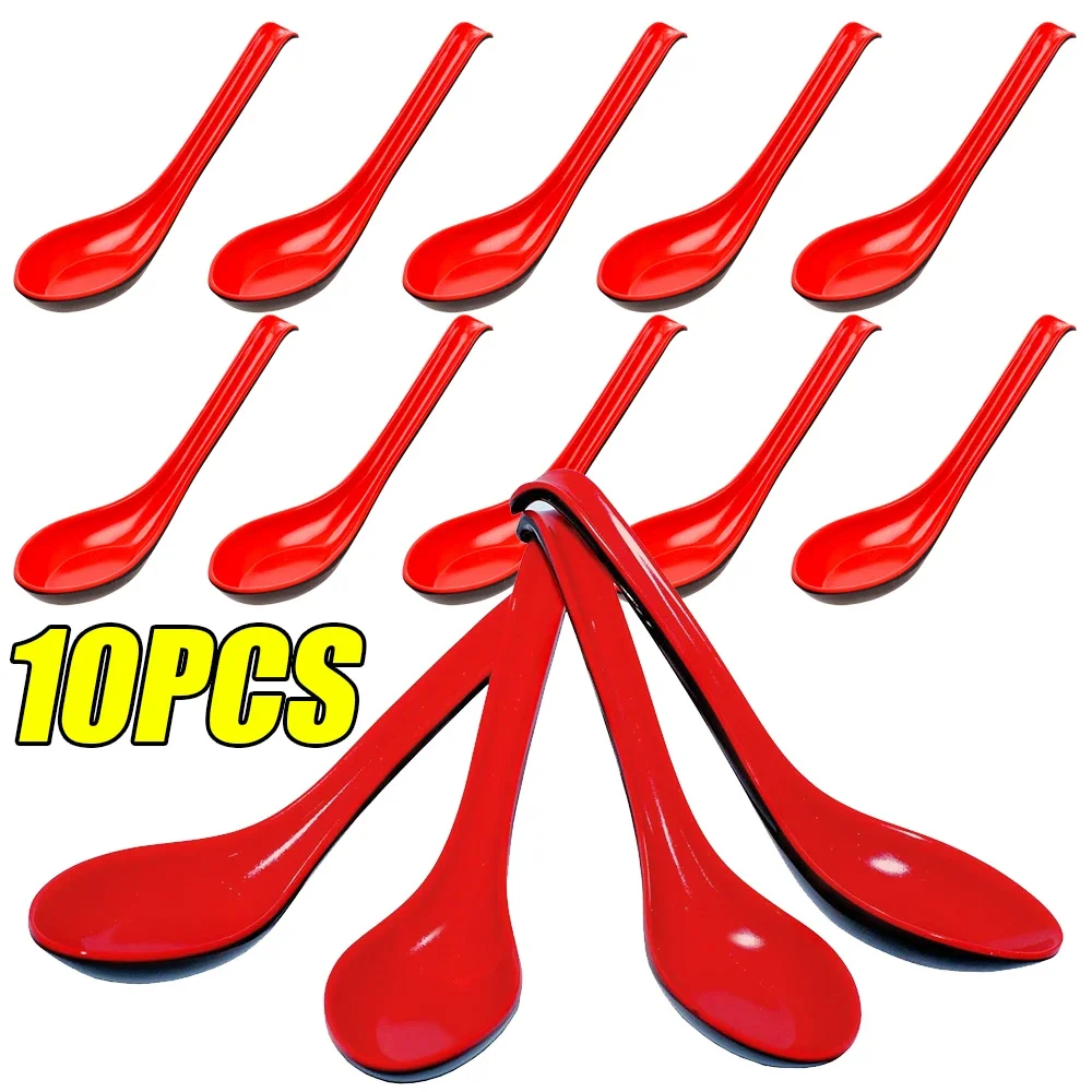 1-10Pcs Imitation Porcelain Tableware Sauces Ramen Wonton Soup Spoons Japanese Rice Scoops Red And Black Spoons Kitchen Cutlery