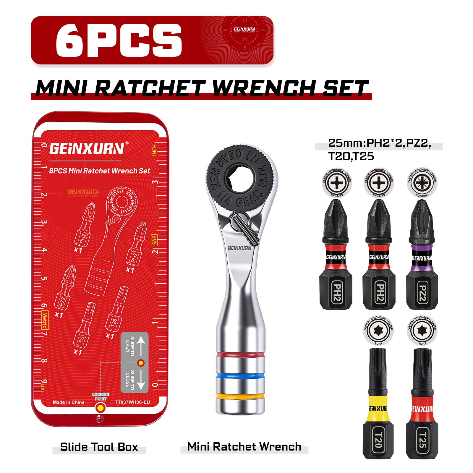 Geinxurn 6-delige mini-ratelset, ULTRA TORQUE bits met 1' PH2, PZ2, T20, T25, SQ2, draagbare ijzeren koffer