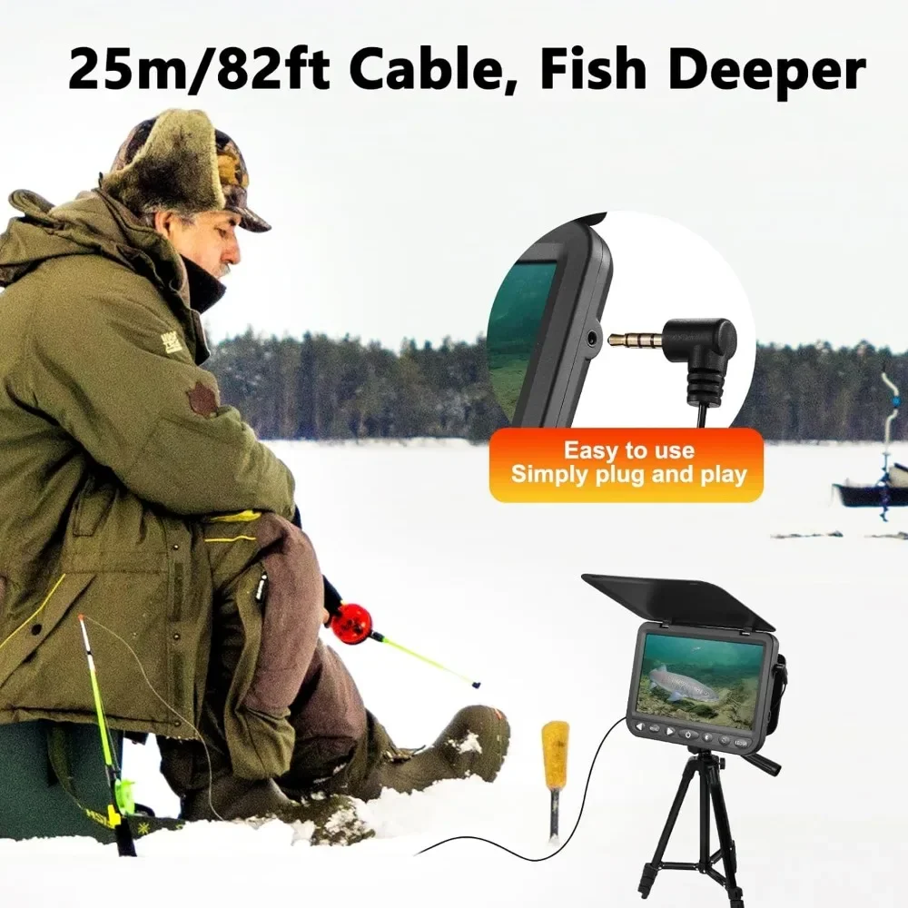 77'' Underwater Fishing Camera Ice Fishing Camera Underwater w/ 10,000mAh Li-Battery, USB-C Charging Port, Portable Ice