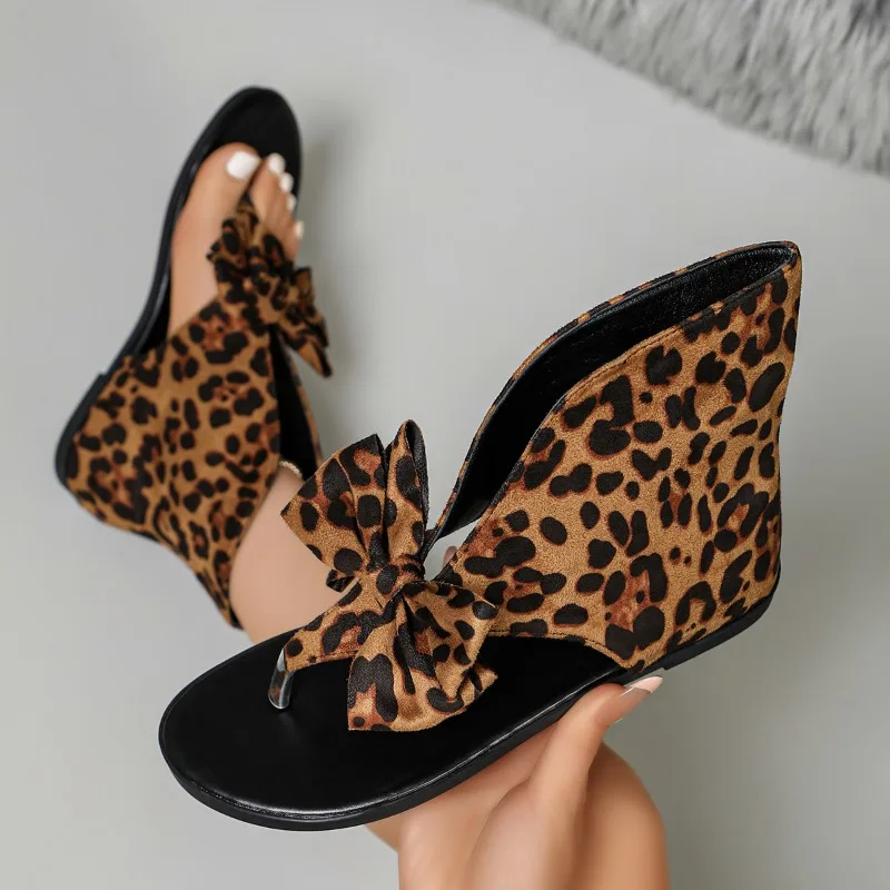 Leopard Print Sweet Big Bow Split Toe Sandals Women Vintage Flat Summer Sandals Cute Retro Casual Street
