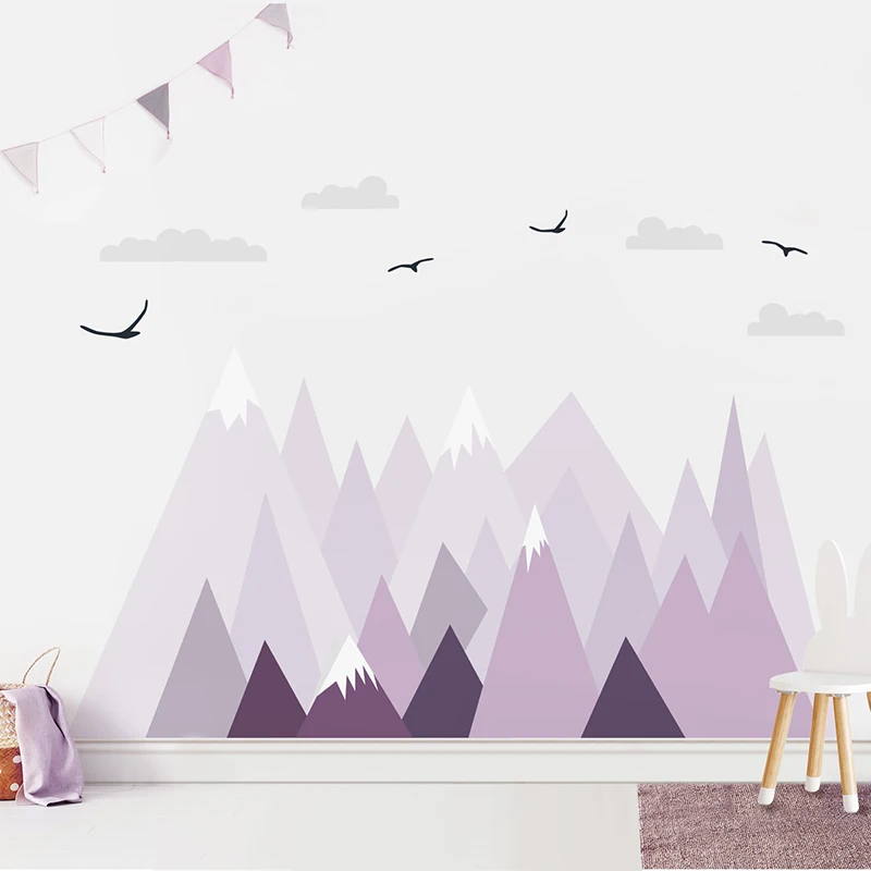 Large Purple Mountain Wall Mural Self-adhesive Seamless Waterproof Fabric Landscape Wall Sticker for Kids Room Nursery Decor