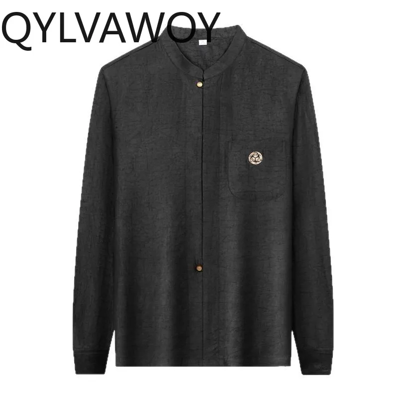 QYLVAWOY 100% Real Mulberry Silk Men's Shirts Chinese Button Placket Shirts for Man Black Shirt Long Sleeves Xiangyunsha Tops