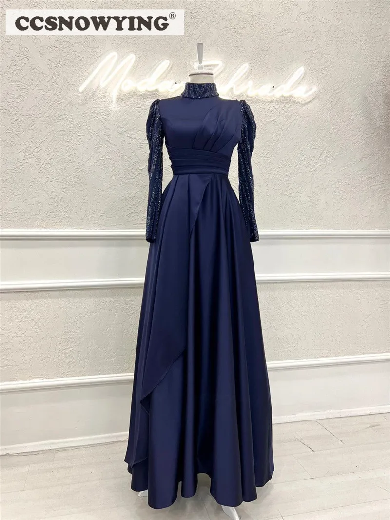 

Navy Blue Stain Beaded Muslim Evening Dress Islamic Long Sleeve Hijab Prom Formal Party Gown Arabic Dubai Women Moroccan Caftan