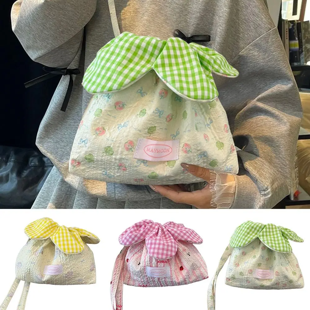 

Cute Korean Style Drawstring Bag Plaid Printing Flower Handbag Large Capacity Crossbody Bag Women Students