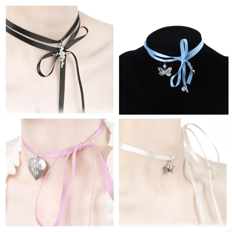 L5YC Women Ribbon Strap Bowknot Photo Album Box Necklace Opening and Closing Box Picture Frame Flower Loves Pendant Necklace