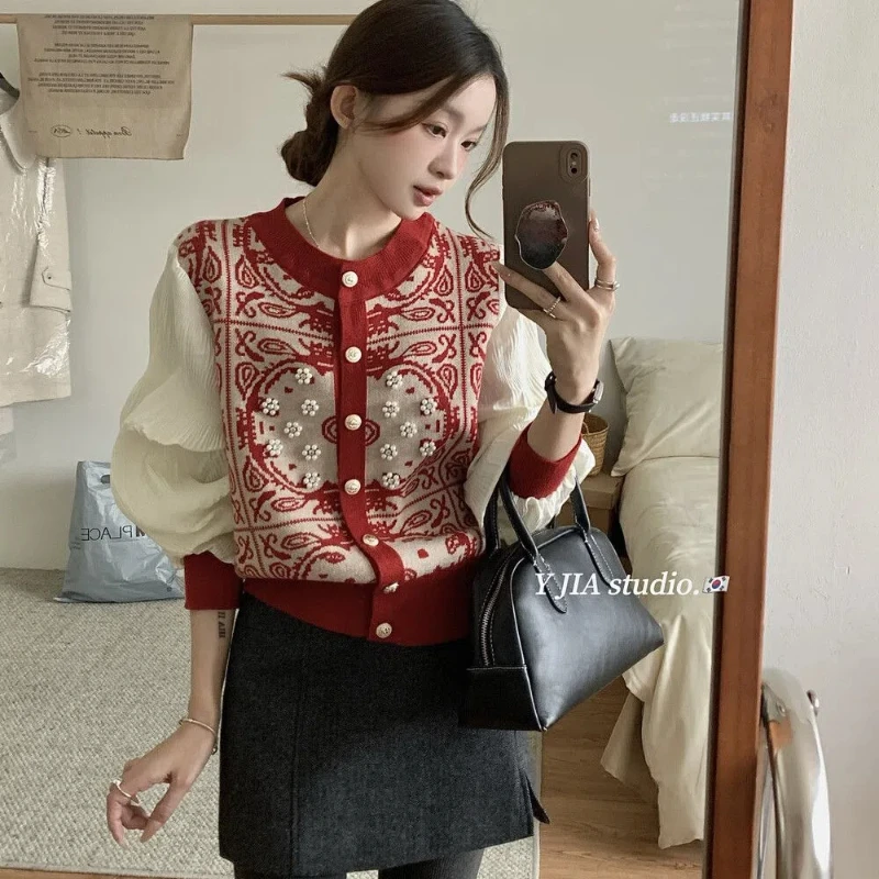 

Korean Contrast Fake Two Piece Sweater Spring Autumn New Long Sleeve O-neck Knitting Cardigan Vintage Fashion Women Clothing