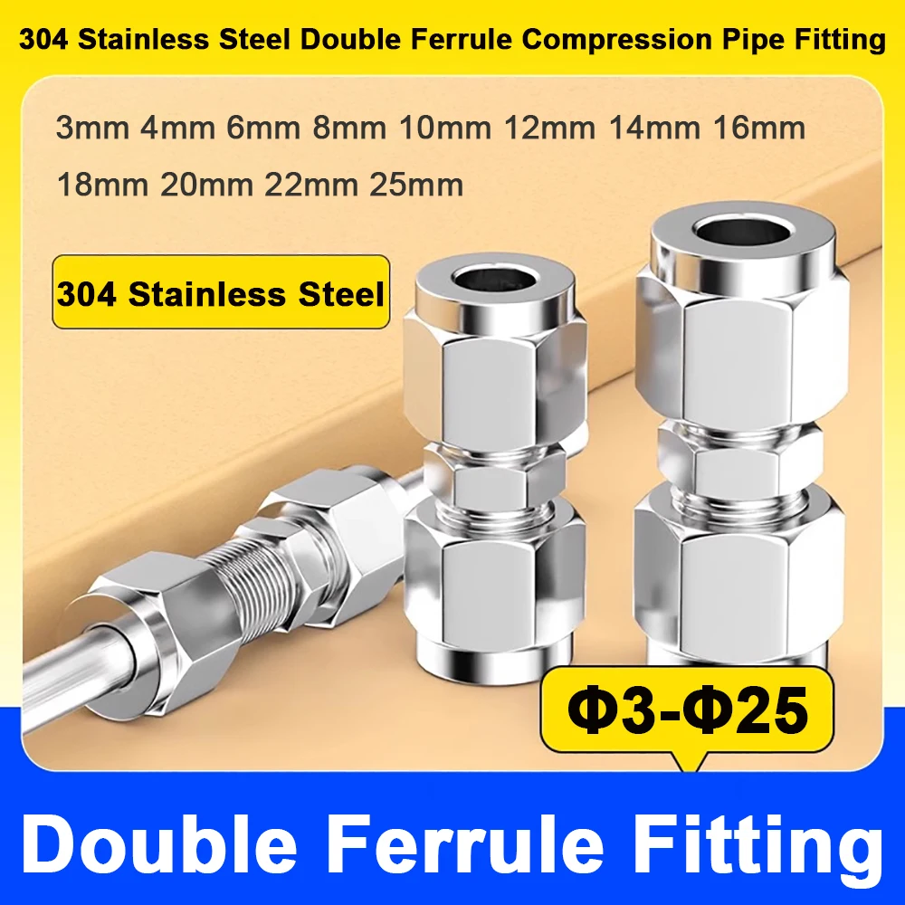 304 Stainless Steel Double Ferrule Compression Pipe Fitting 3mm 4mm 6mm 8mm 10mm 12mm Bulkhead Straight Push Connector Adapter