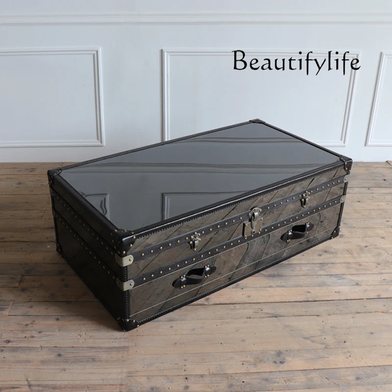 

American country retro old creative stainless steel leather art coffee table drawer box tea table coffee table