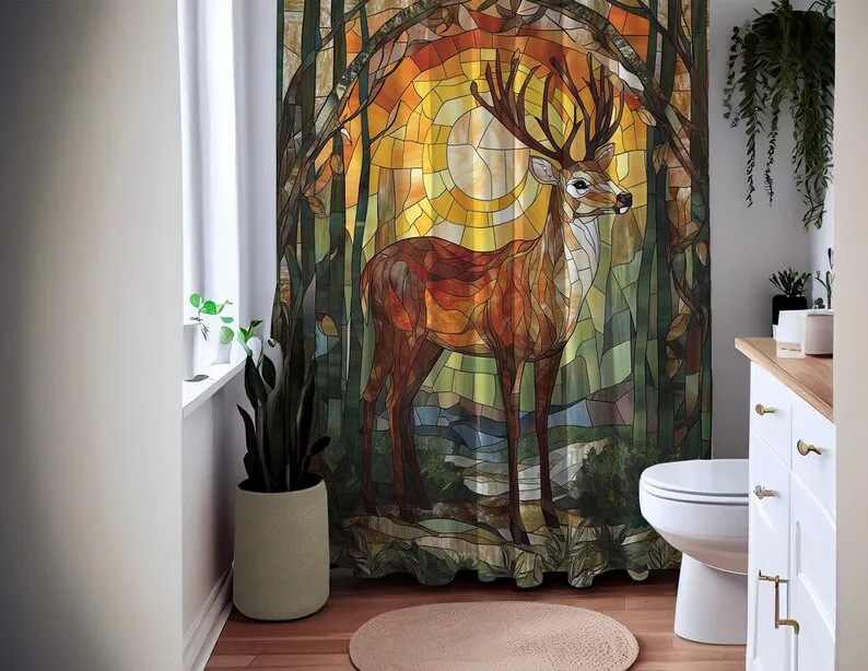 Deer Stained Glass Bath Curtain - Rustic Bathroom Decor - Waterproof Fabric Shower Curtain - Nature-Inspired Woodland Design