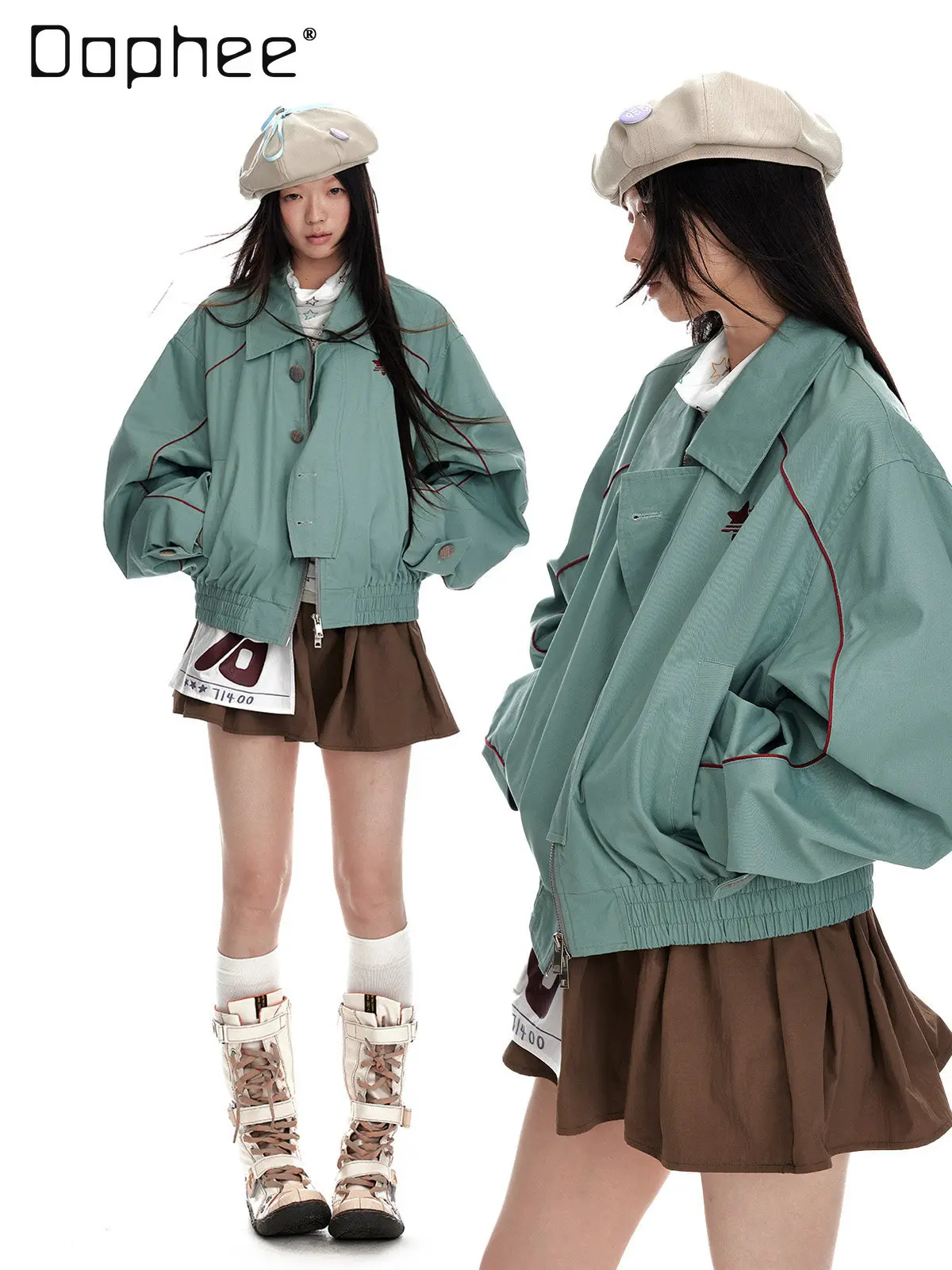 Lapel Cropped Bomber Jacket for Women Vintage Contrasting Splicing Lapel Silhouette Jacket Women's Loose Jacket Water Green