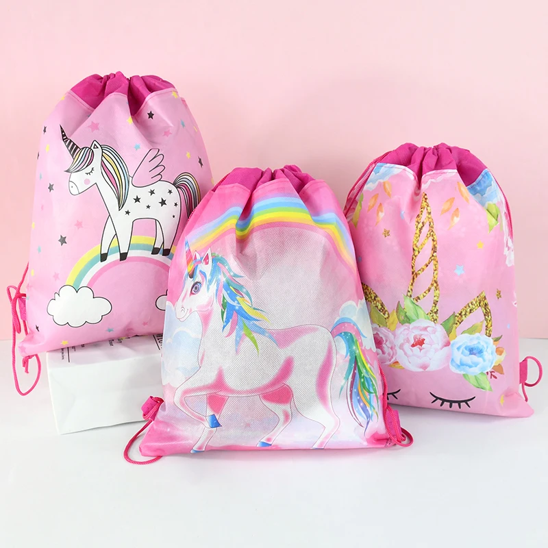 1pcs Rainbow Unicorn Pattern Gifts Bags Unicorn Nonwoven Drawstring Bags Kids Birthday Party Decorations Baby Shower Gift Supply