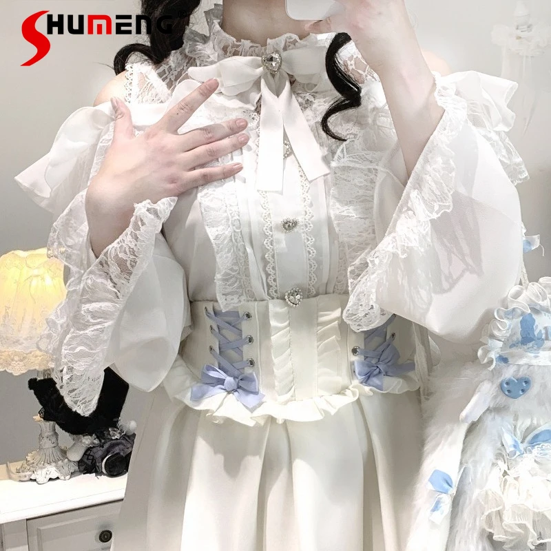 

Милая кружевная прозрачная блузка с длинными рукавами и открытыми плечами, топ в японском стиле, рубашка Mine Series SC, однобортные облегающие блузки