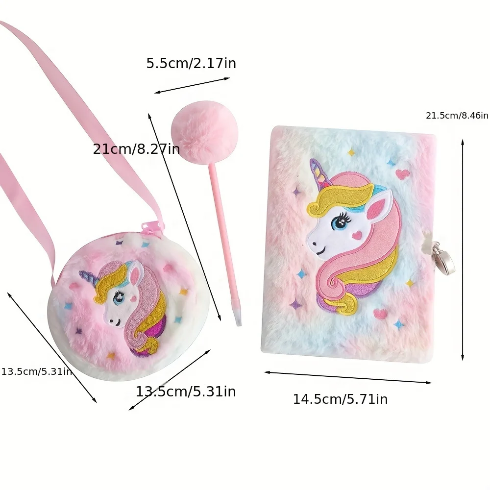 3pcs Diary Notebook SeT Plush Unicorn Stationery For Children Cartoon Notebook Crossbody Bag Plush Pen Student School Supplies