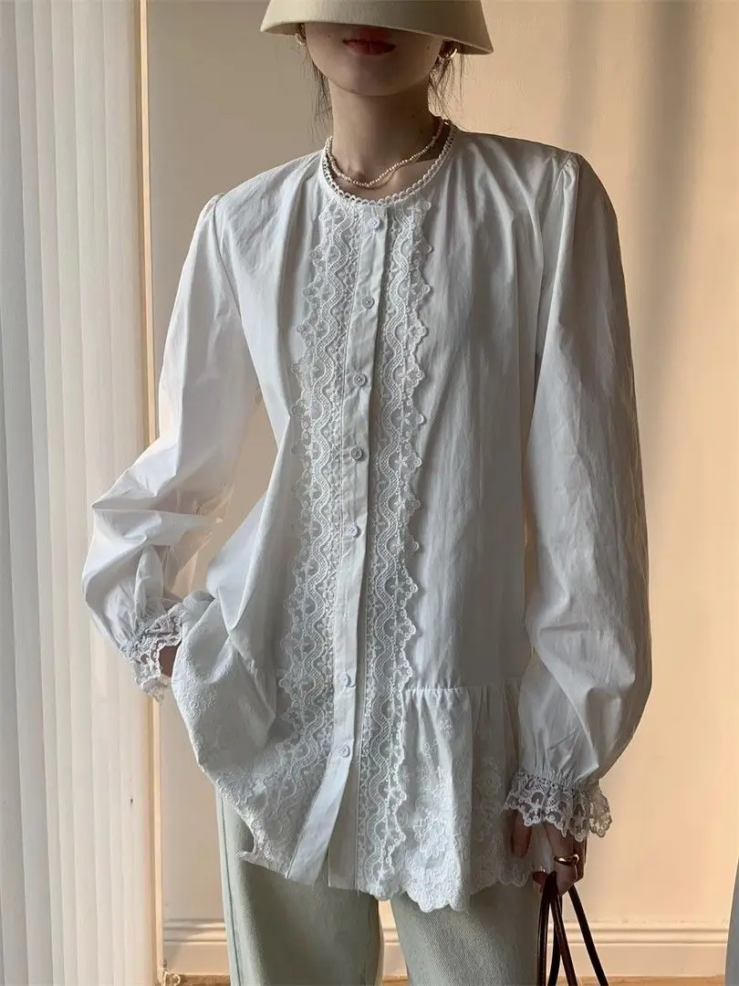 

Women's Round Neck Single Breasted Lace Long Shirt Vintage Style Autumn Solid Color Female Loose Fashion Outerwear