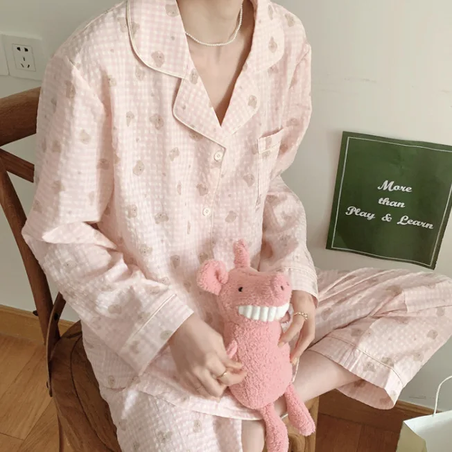 Koera Style Women's Pajama Set 2 Pcs with Pant Ladies Bear Print Sleepwear Long Sleeve Single Breasted Plaid Pyjama Suit Female