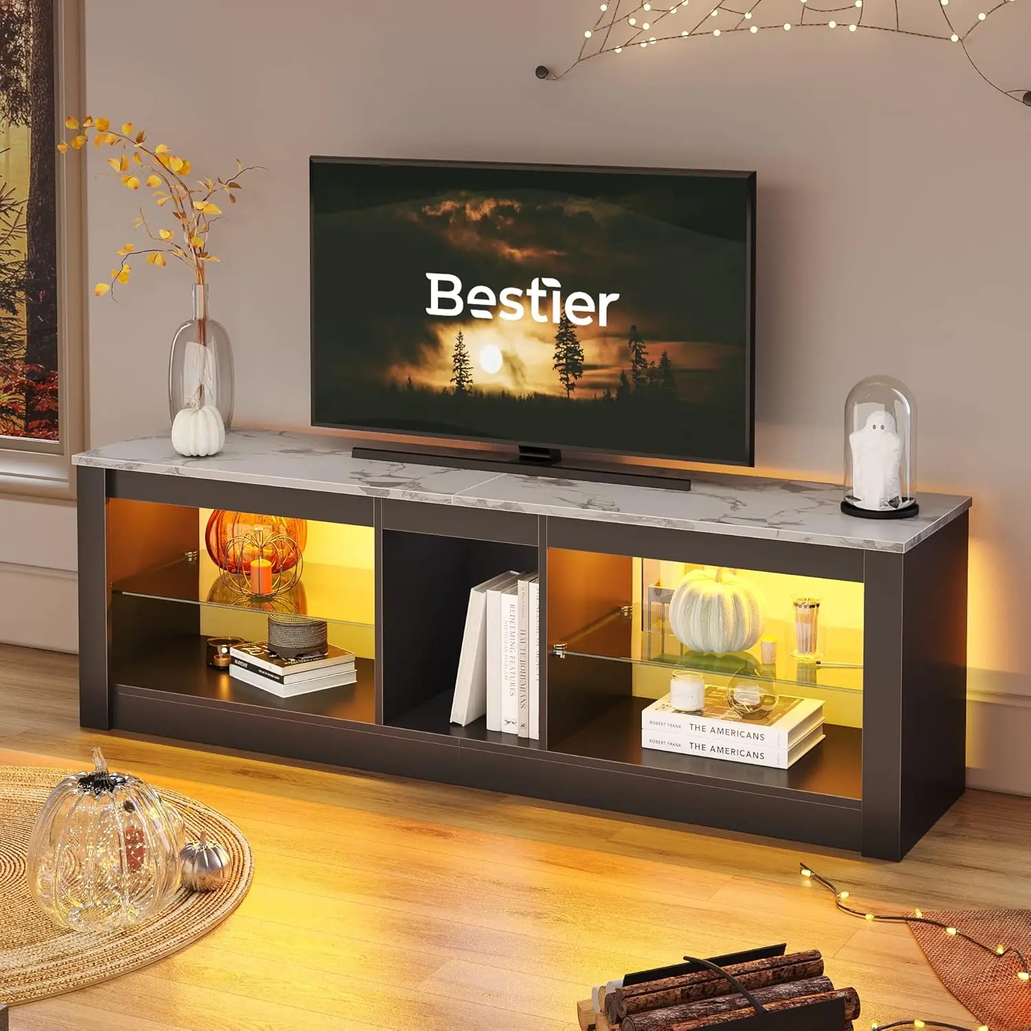 

White Marble TV Stand LED Entertainment Center Gaming TV Stand for 55 Inch TV RGB Television Stand with 2 Adjustable Gla