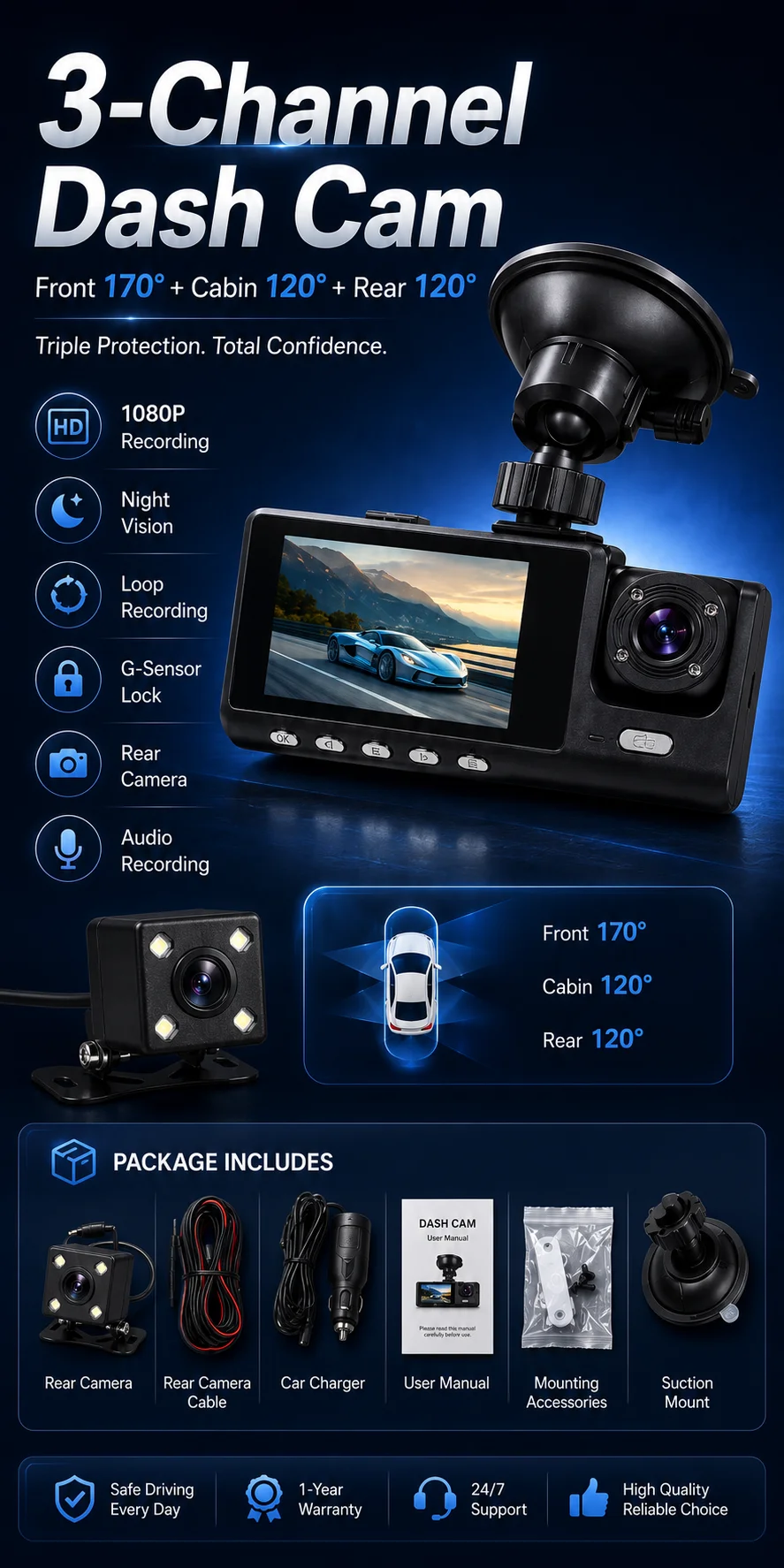 3 Channel Dash Cam 1080P Front Rear Inside Camera 170 Degree Wide Angle Night Vision Loop Recording G-Sensor Rear Camera Car DVR