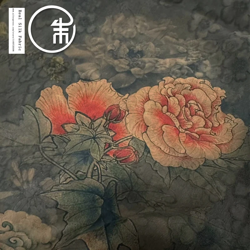 High Quality Xiangyun Peony 100% Real Silk Designer Xiangyun Yarn Silk Fabric 30Momme Cheongsam Dress Clothing Fabric