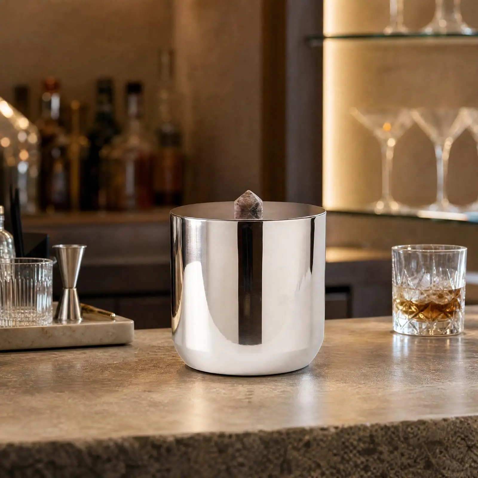 Beverage Ice Bucket Stainless Steel Stone Accent Cylindrical Chiller for Champagne Bottles Home Bar Restaurant