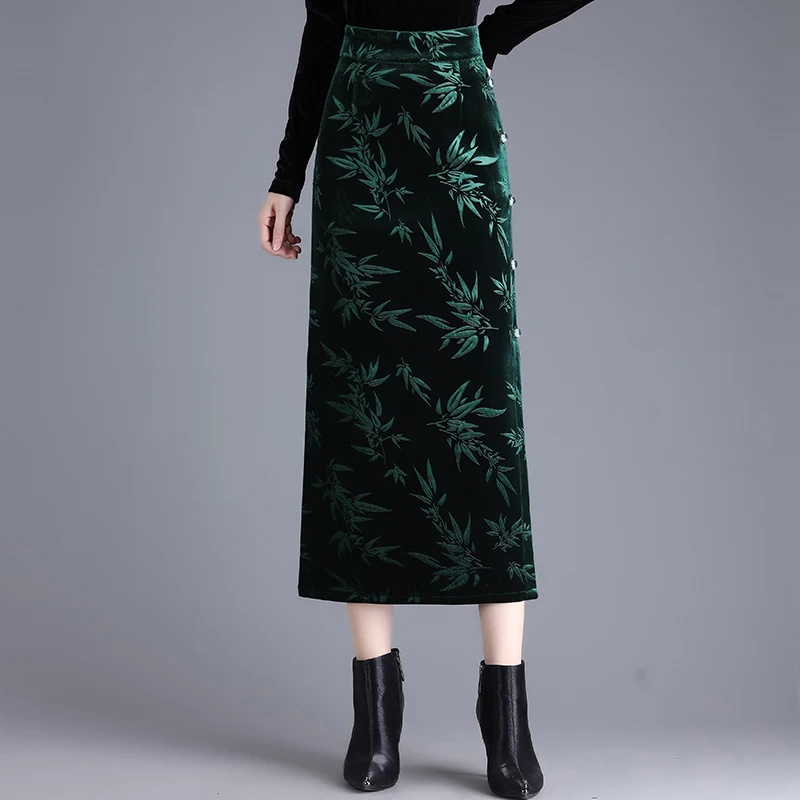ZUZK Velvet Printed Bodycon Skirt Elacstic High Waist Straight Cut Mid Length Slit Women's Autumn Winter New Fashion Step Skirt
