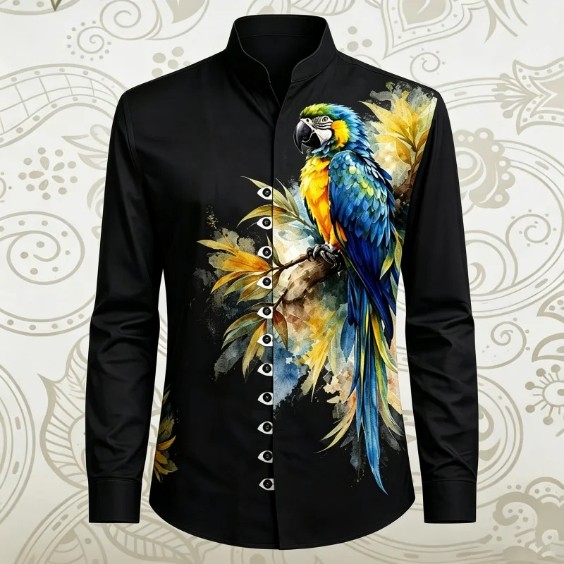 Men's Shirt European American Watercolor Flower And Bird Print Stand Up Collar Shirt Business Casual Long Sleeved Top
