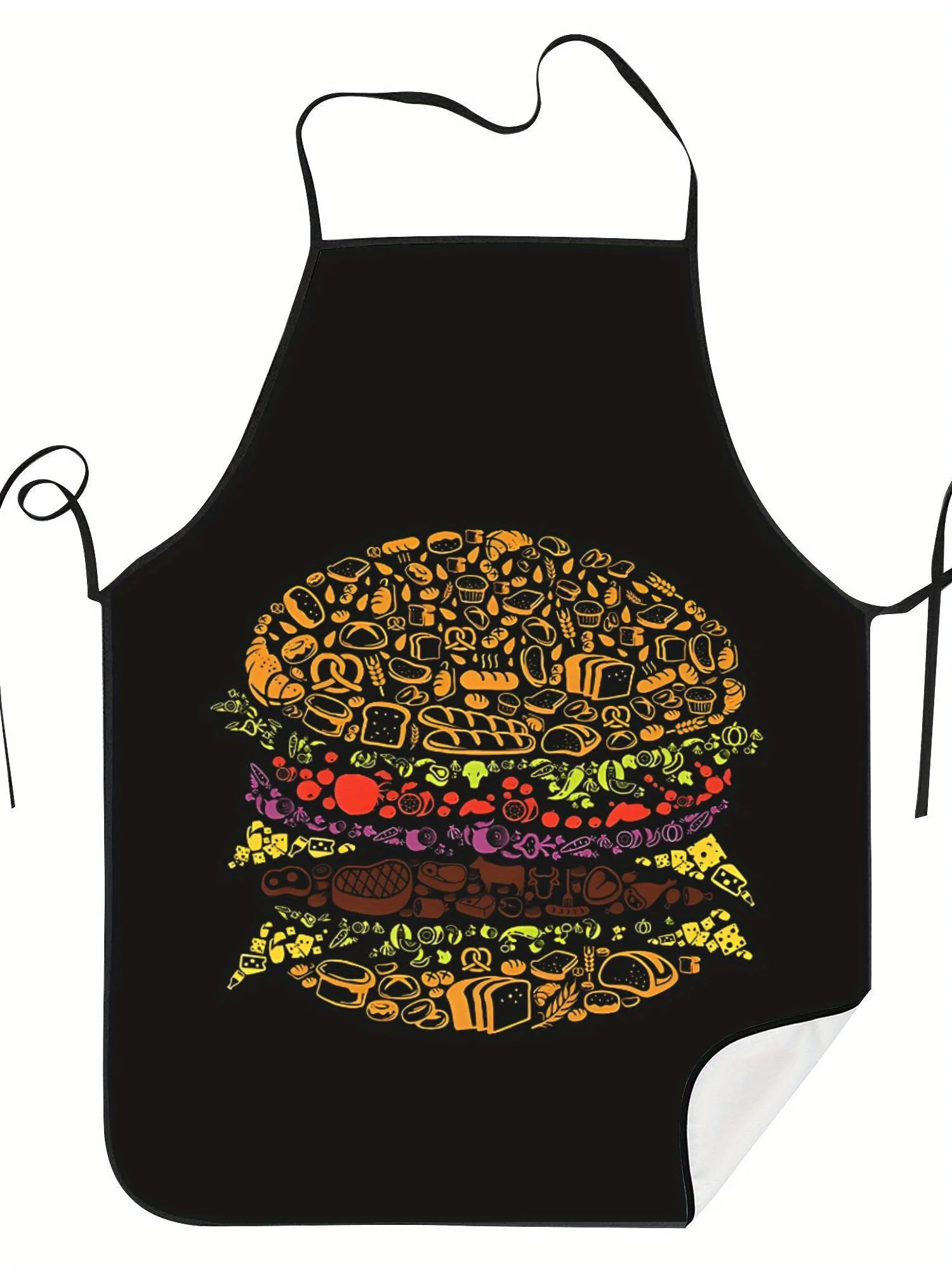 Vintage-Style Hamburger Print Apron for Cooking and Restaurant Use - Black Polyester Fabric with Fun Food Illustration