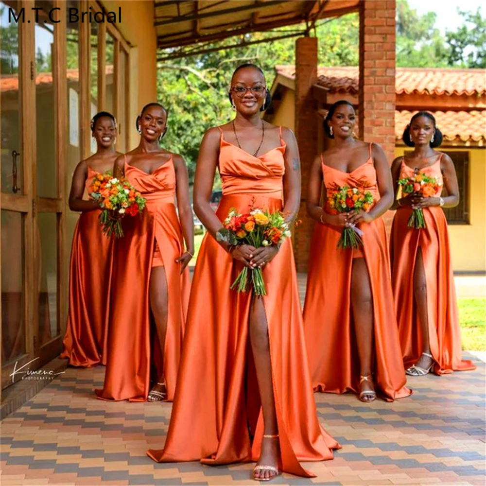 

Long 2024 Orange African Bridesmaid Dresses A Line Lace Up Back Shiny Satin Custom Made Wedding Party Gowns Vestido De Festa