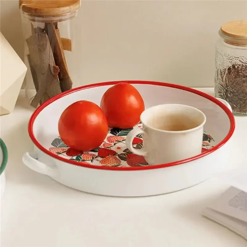 

Thickened Enamel Double-ear Disc Enamel Nordic Large Fruit Bowl Tray Fruit Plate Can Be Heated Baking Tray with Side Dishes ins