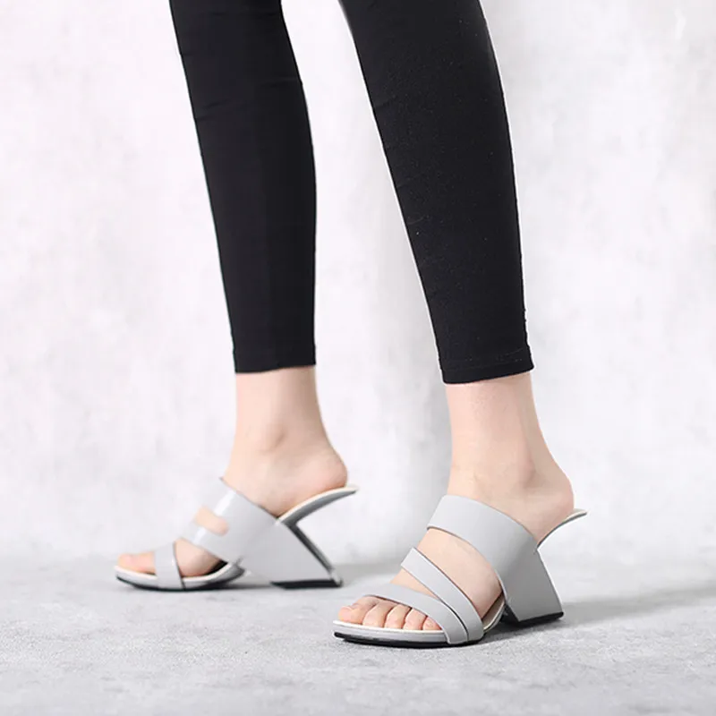 Chic Design Apricot Leather Women Summer Slippers Strange High Heels Outside Slides Shoes Grey Prom Party Pumps Size40 Black