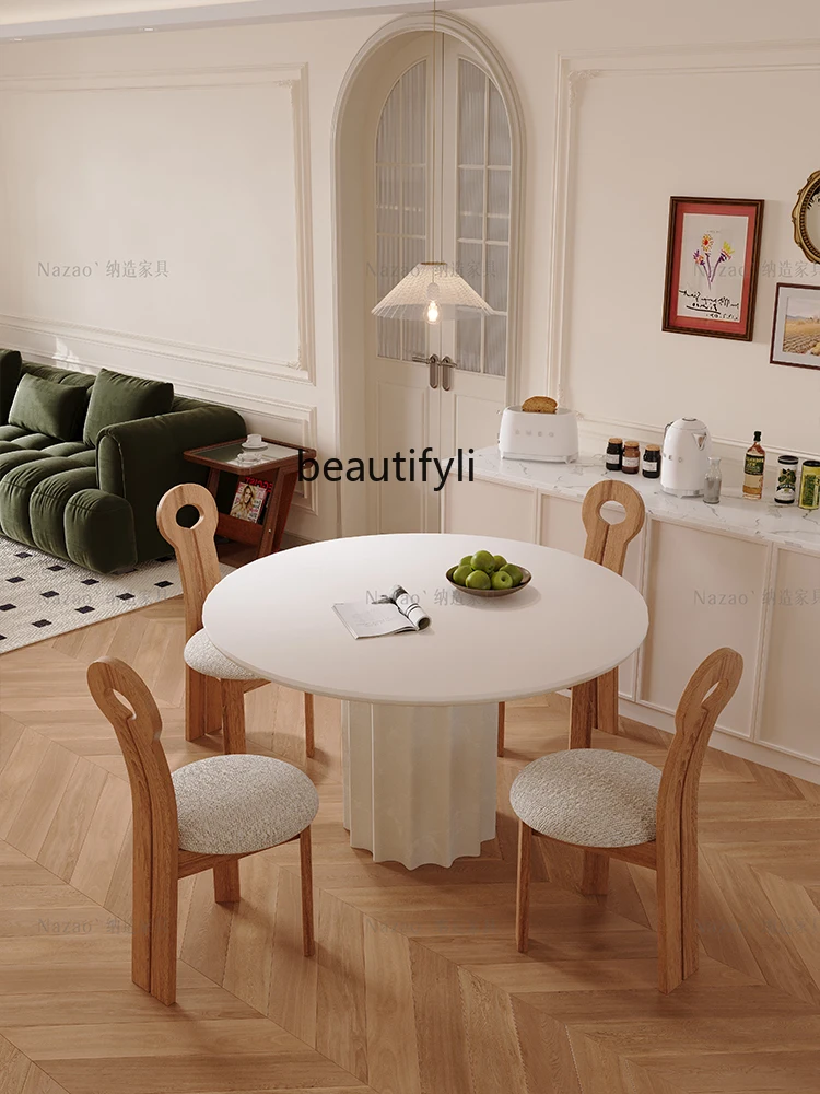 French Cream Style Stone Plate Dining Table Household Small Apartment Dining Tables and Chairs Set round Dining Table