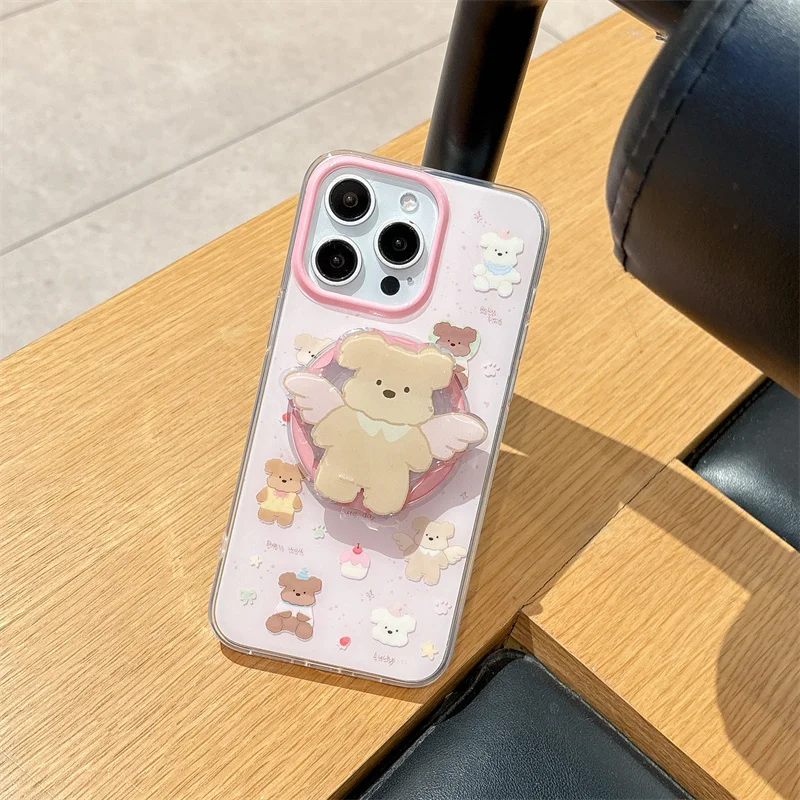 

Korean cute bear Angel Wings Magnetic folding stand phone case for iPhone 14 15 Pro 16 Pro Max Magsafe Grip Tok pink Cover Funda