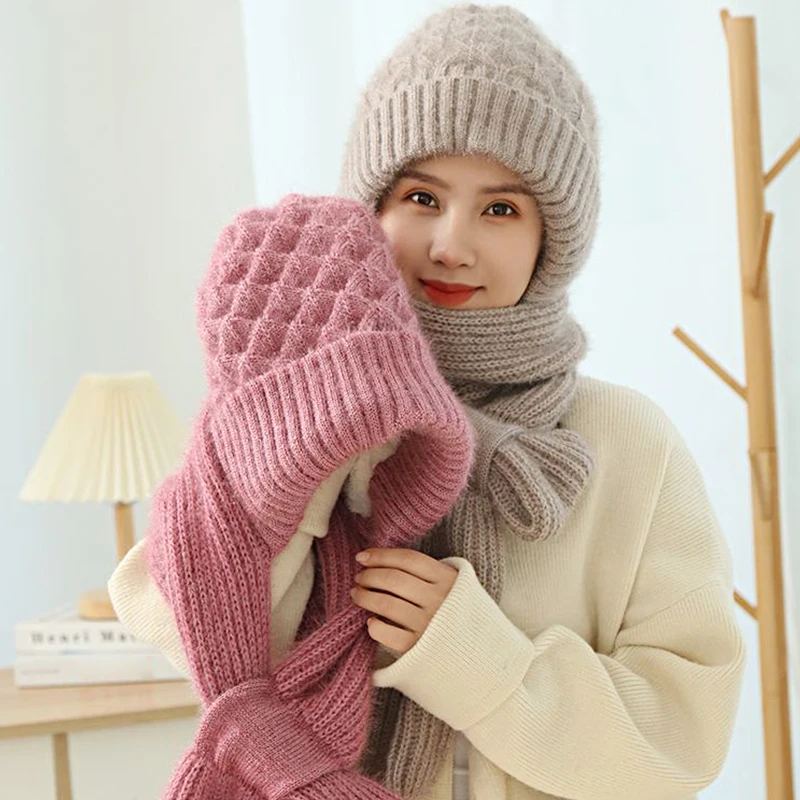 

Winter Plush Hat And Scarf All In One Knitted Women Warm Hat Scarf Thickened Hooded Ear Protection Outdoor Ski Female Beanie Cap