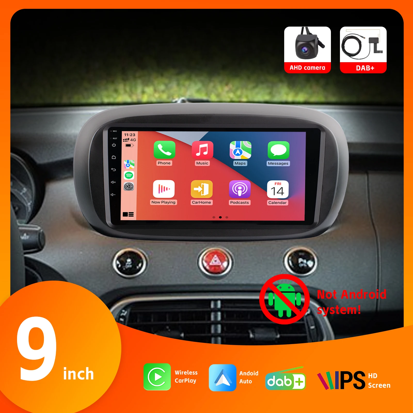 

Car Radio with 9" HD IPS Touch Screen DAB+ Wireless Carplay Android Auto for Fiat 500X 2019 with AHD Rear View Camera SWC DSP BT