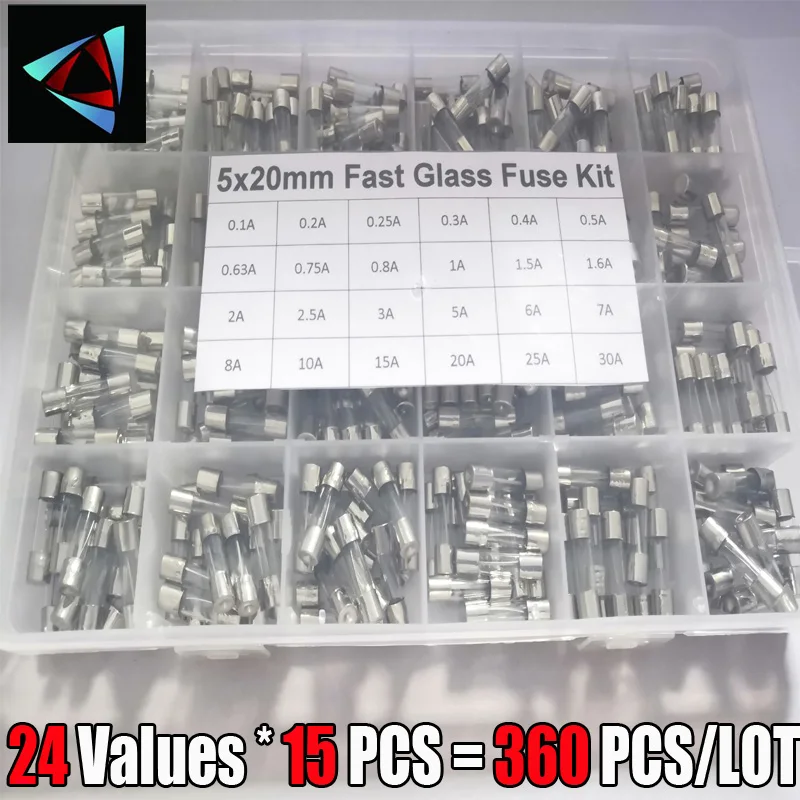 360 unids/caja 24 valores 5x20mm Kit de fusibles de vidrio rápido 0.2A 0.5A 1A 2A 3A 5A 6A 8A 10A 15A /250V 5*20 paquete de tubo de seguro