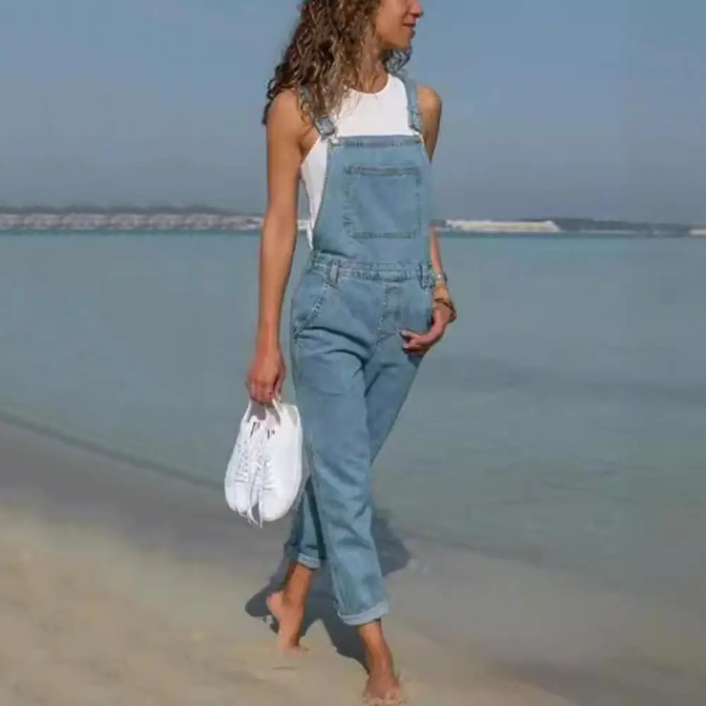 

Loose Jumpsuit Stylish Plus Size Denim Jumpsuit with Adjustable Straps Side Pockets Women's Loose Fit Backless Overalls for A