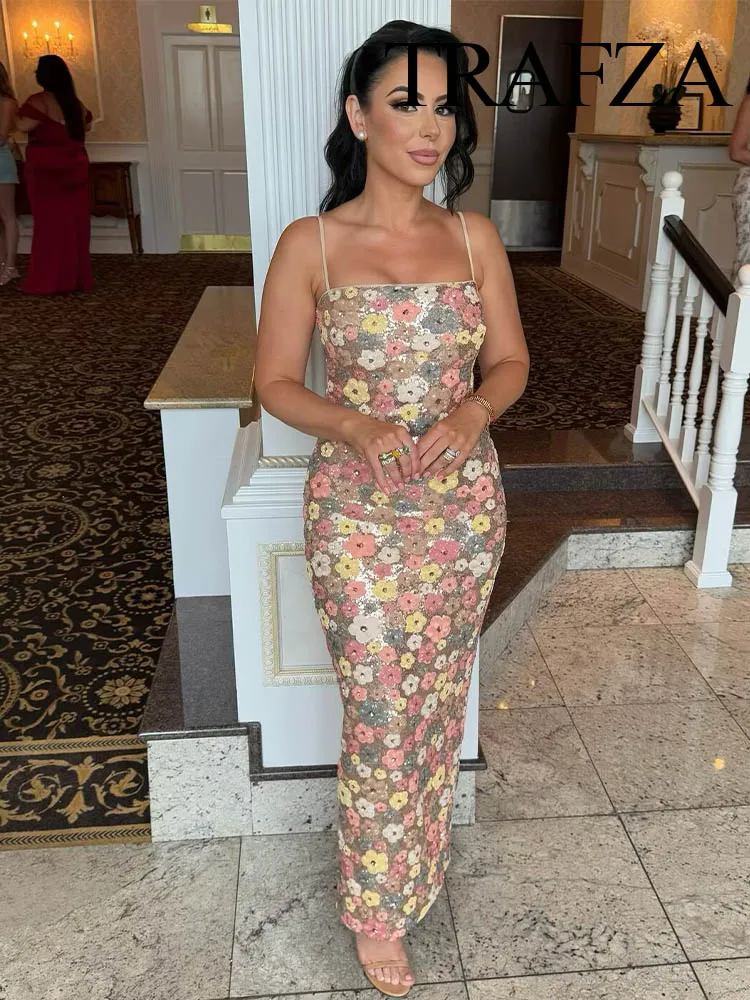 

TRAFZA 2025 Woman Elegant Slim Party Midi Dress Summer Women Sequin Embroidered Dress Flower Pattern Rear Zipper Chic Dress